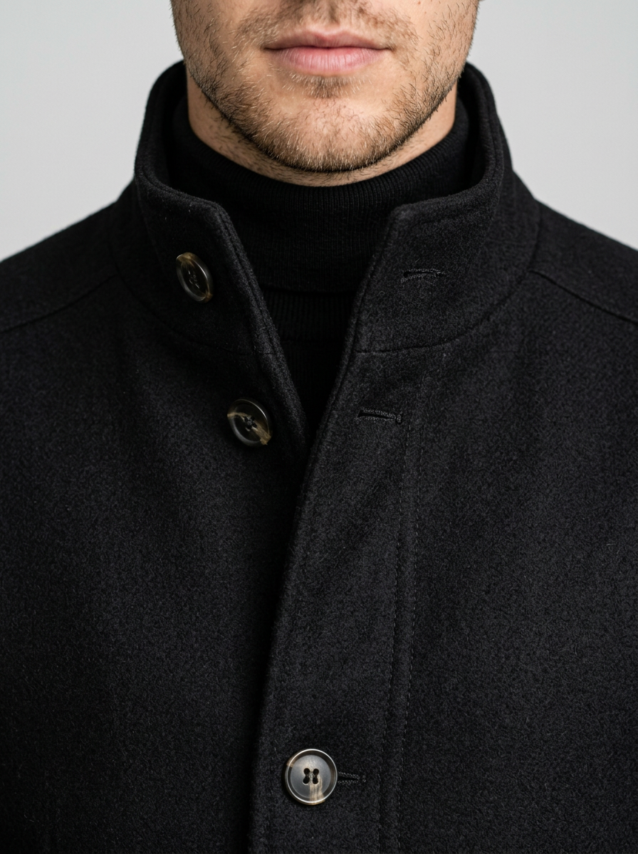 Men's Tailored Stand Collar Overcoat in Black – detail view