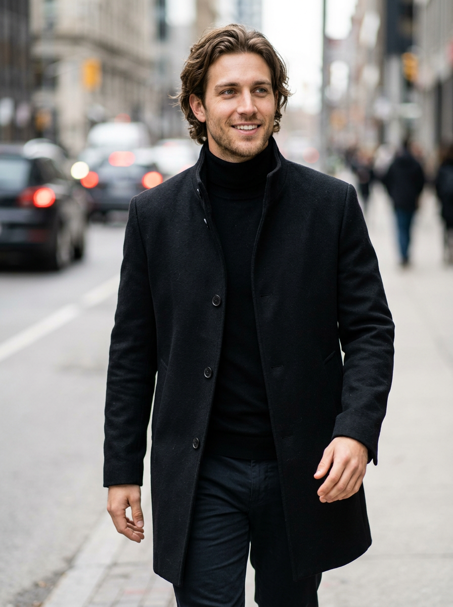 Men's Tailored Stand Collar Overcoat in Black – lifestyle shot