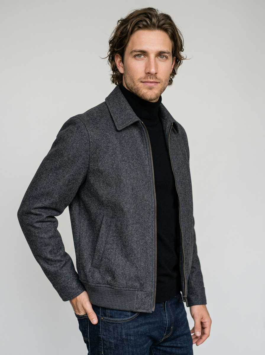 Men's Tailored Wool Blend Zip Jacket in Charcoal Grey – front view
