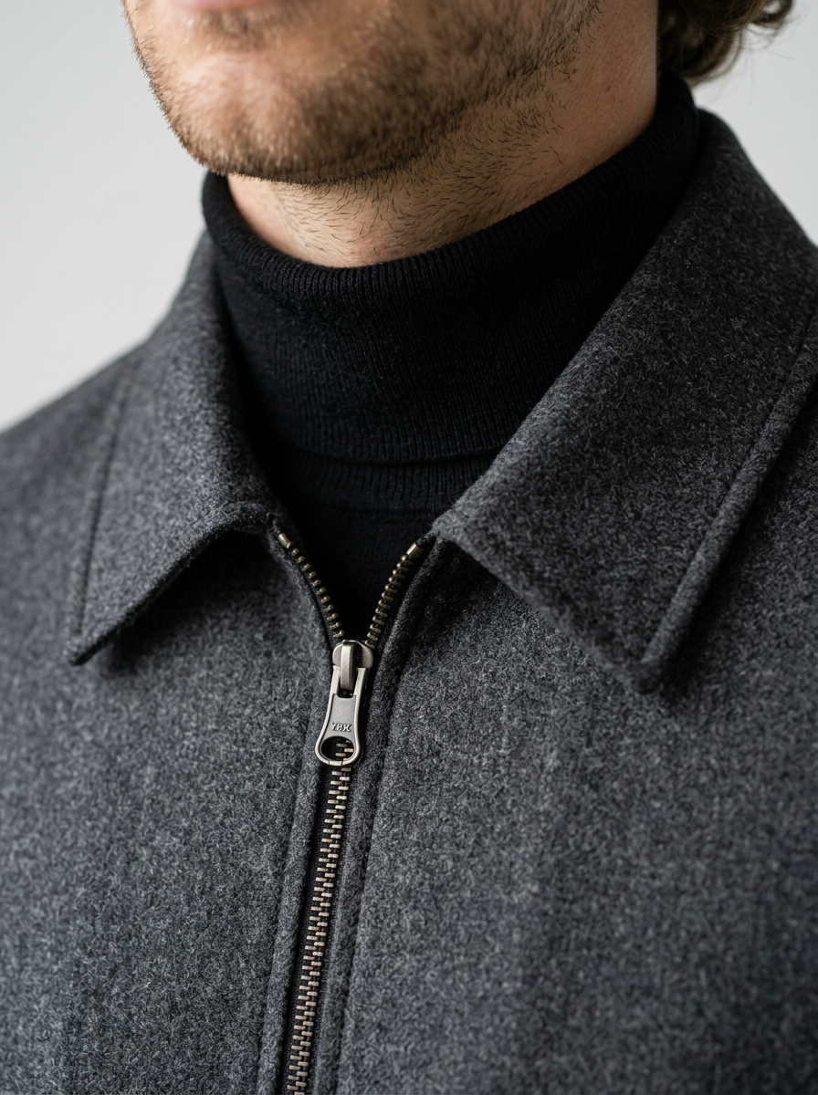 Men's Tailored Wool Blend Zip Jacket in Charcoal Grey – detail view