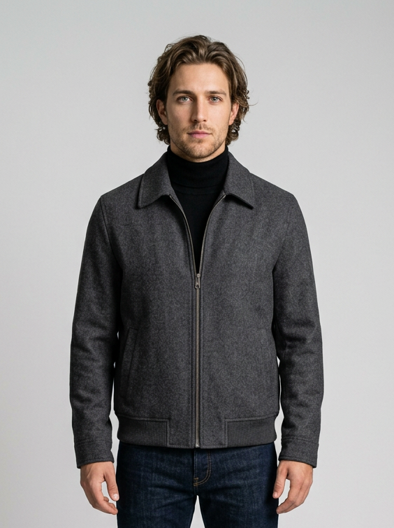 Men's Tailored Wool Blend Zip Jacket in Charcoal Grey – front view