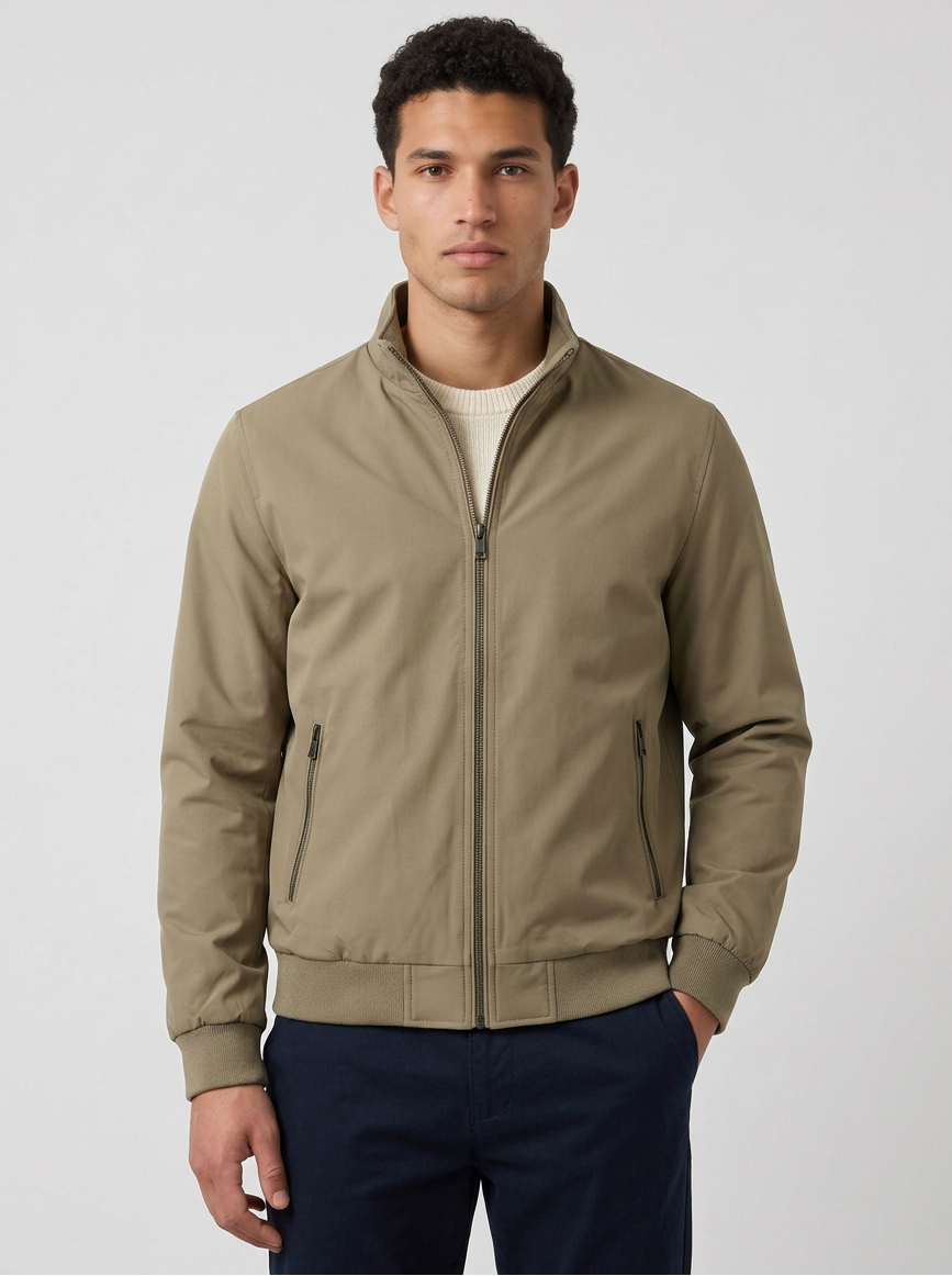 Men's Stand Collar Bomber Jacket in Khaki – front view