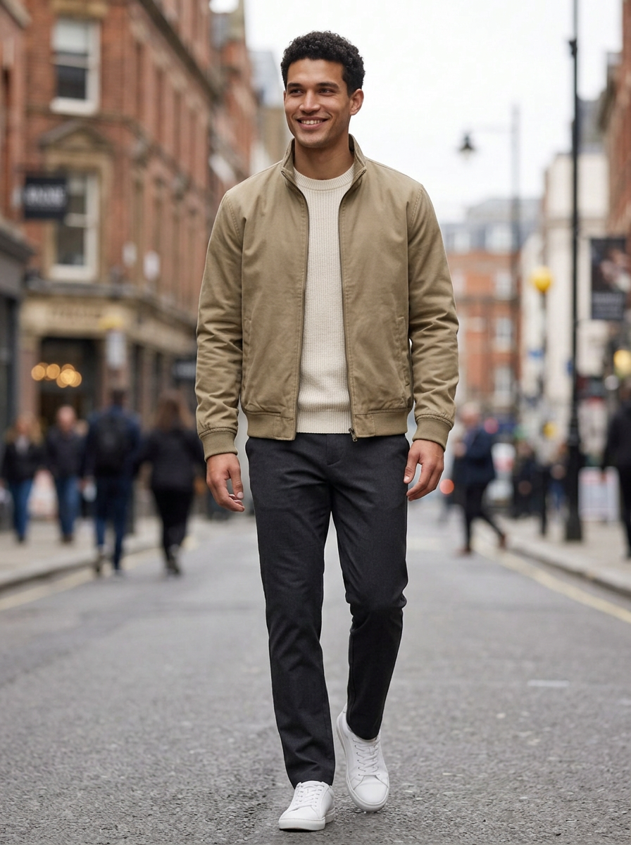 Men's Stand Collar Bomber Jacket in Khaki – lifestyle shot