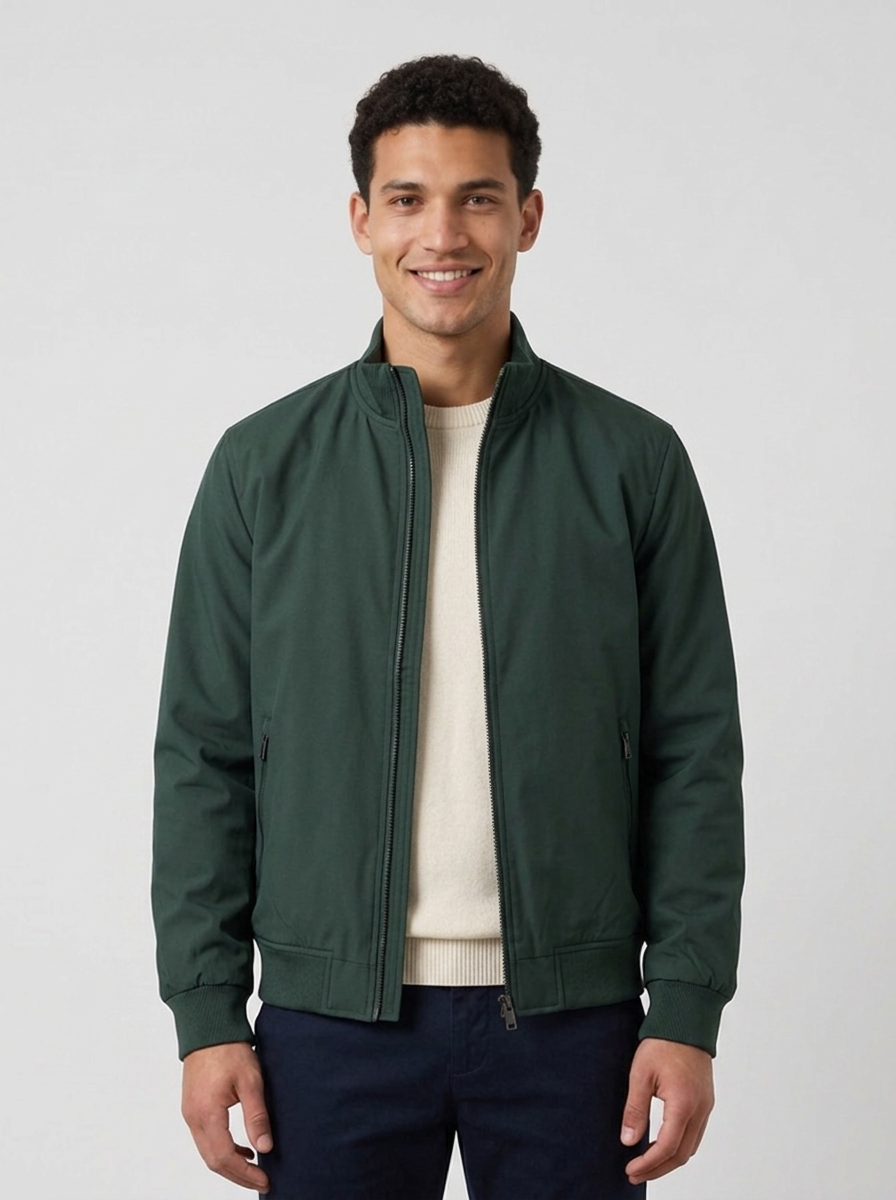 Men's Stand Collar Bomber Jacket in Dark Green