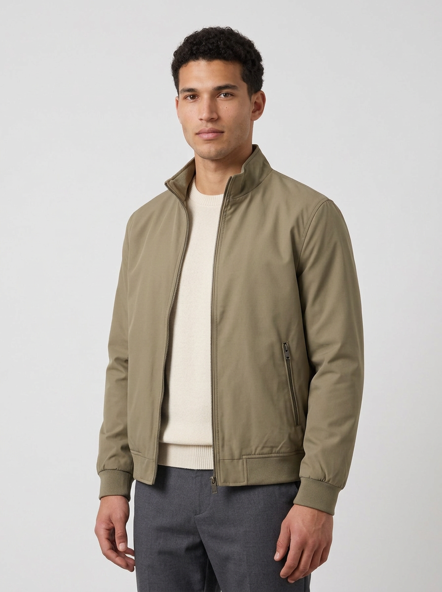 Men's Stand Collar Bomber Jacket in Khaki – front view