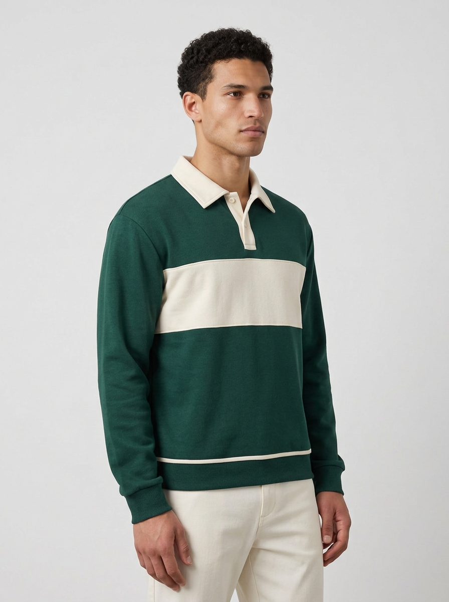 Men's Retro Colour Block Polo Sweatshirt in Green – front view
