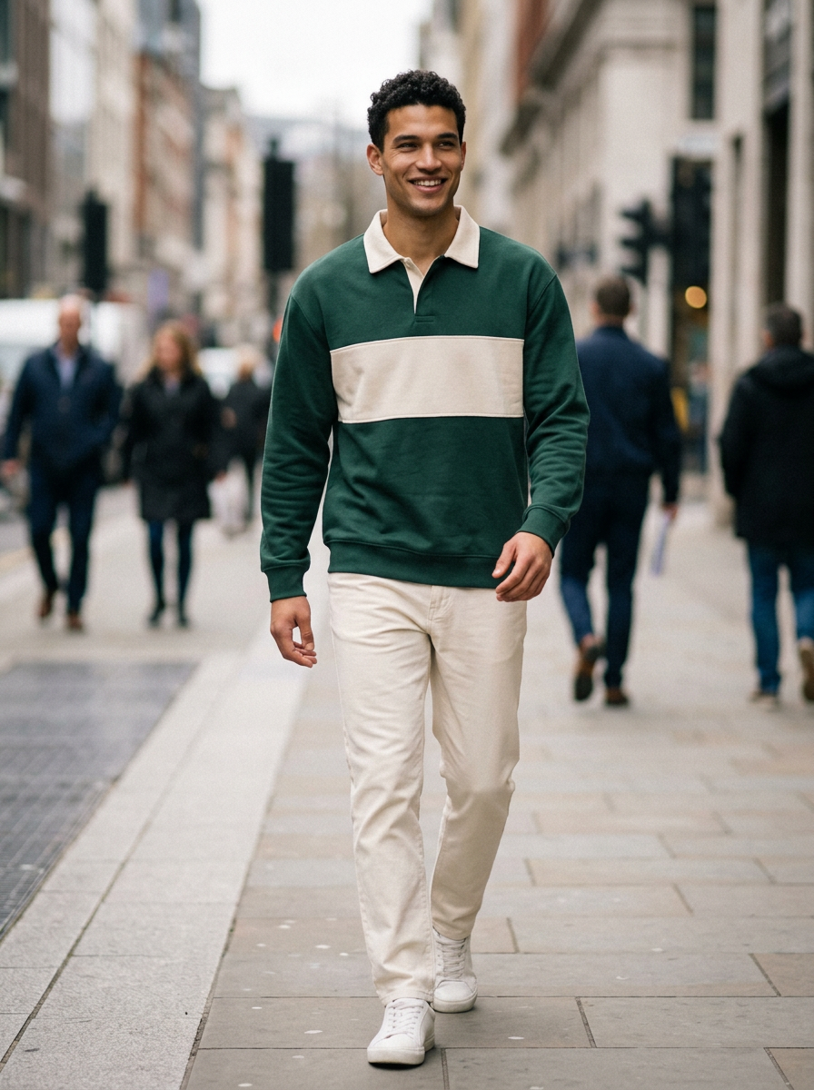 Men's Retro Colour Block Polo Sweatshirt in Green – lifestyle shot