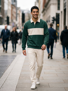 Men's Retro Colour Block Polo Sweatshirt in Green – lifestyle shot