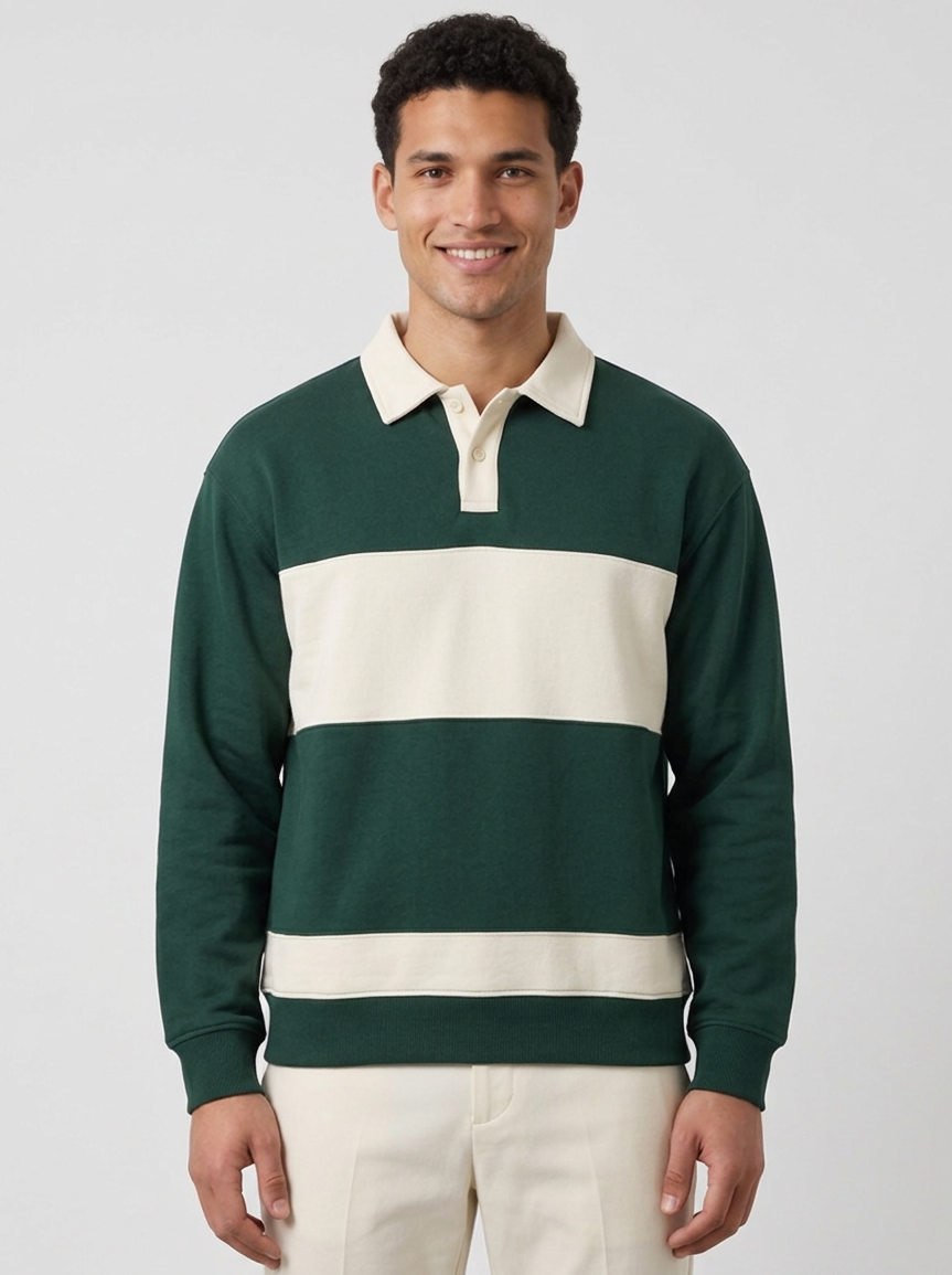 Men's Retro Colour Block Polo Sweatshirt in Green – front view