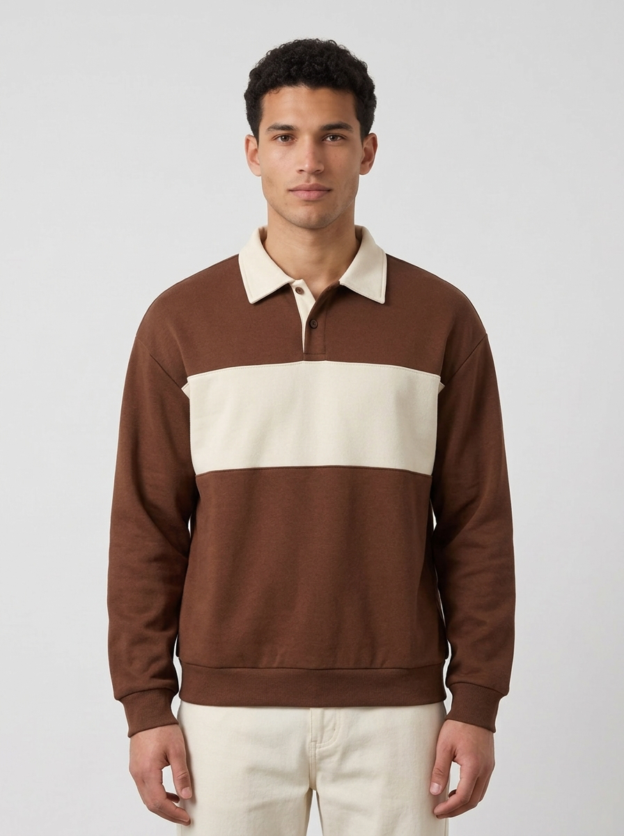 Men's Retro Colour Block Polo Sweatshirt in Brown
