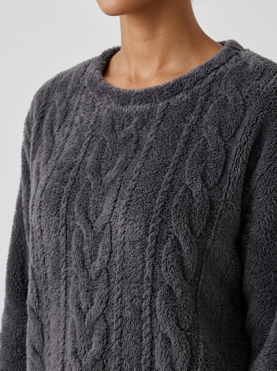 Women's Cosy Cable Knit Fleece Pyjamas in Charcoal Grey – three-quarter view