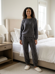 Women's Cosy Cable Knit Fleece Pyjamas in Charcoal Grey – lifestyle shot