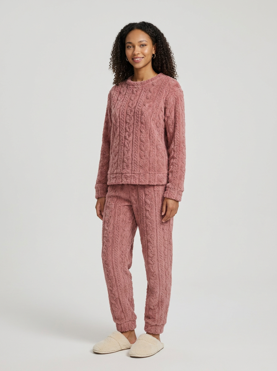 Women's Cosy Cable Knit Fleece Pyjamas in Dusty Rose