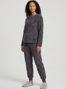 Women's Cosy Cable Knit Fleece Pyjamas in Charcoal Grey – three-quarter view