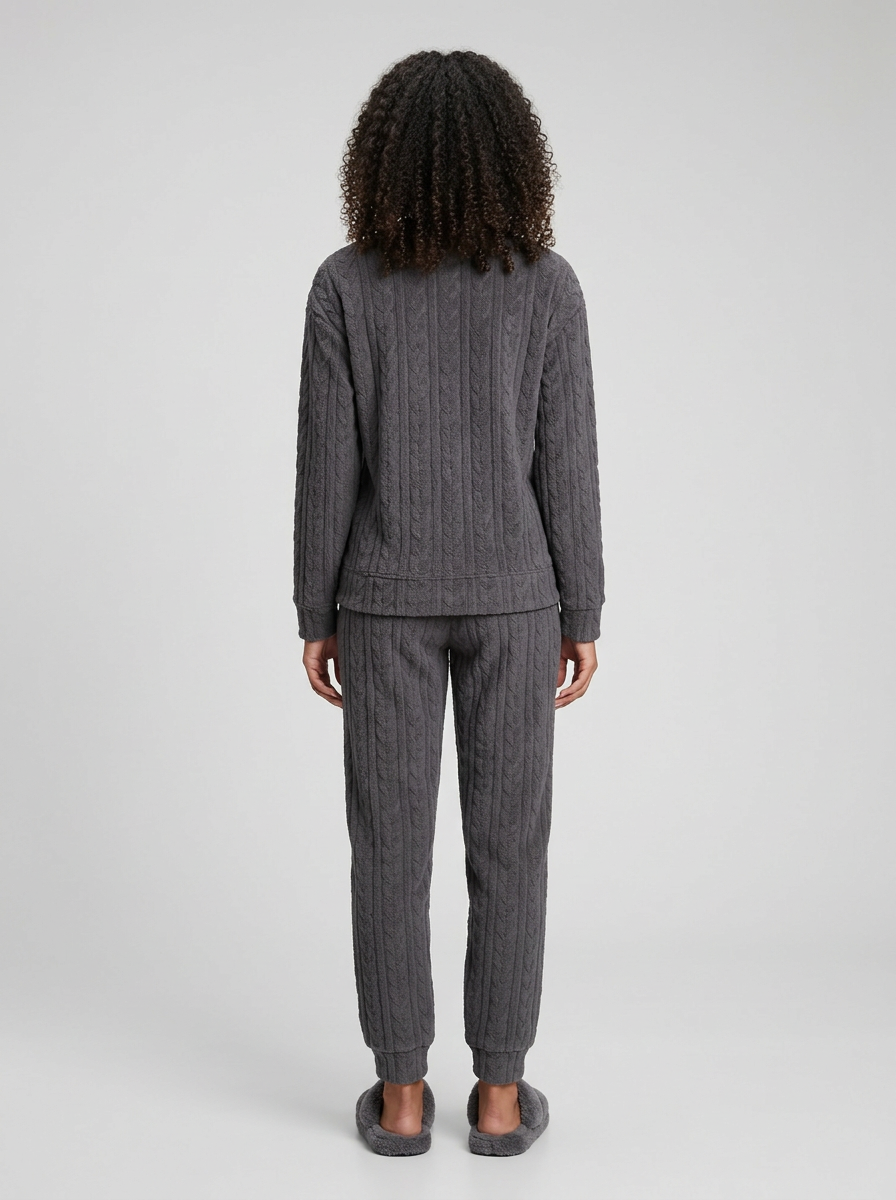 Women's Cosy Cable Knit Fleece Pyjamas in Charcoal Grey – back view