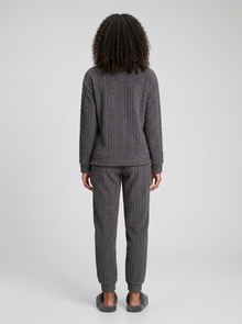 Women's Cosy Cable Knit Fleece Pyjamas in Charcoal Grey – back view