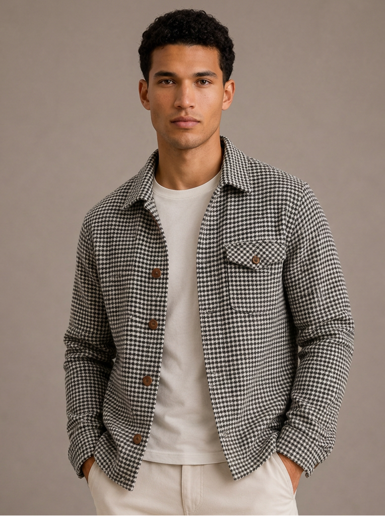 Men's Houndstooth Shirt Jacket in Black – front view