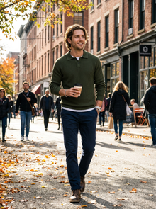 Men's Slim Fit Lapel Collar Knit Jumper in Green – lifestyle shot