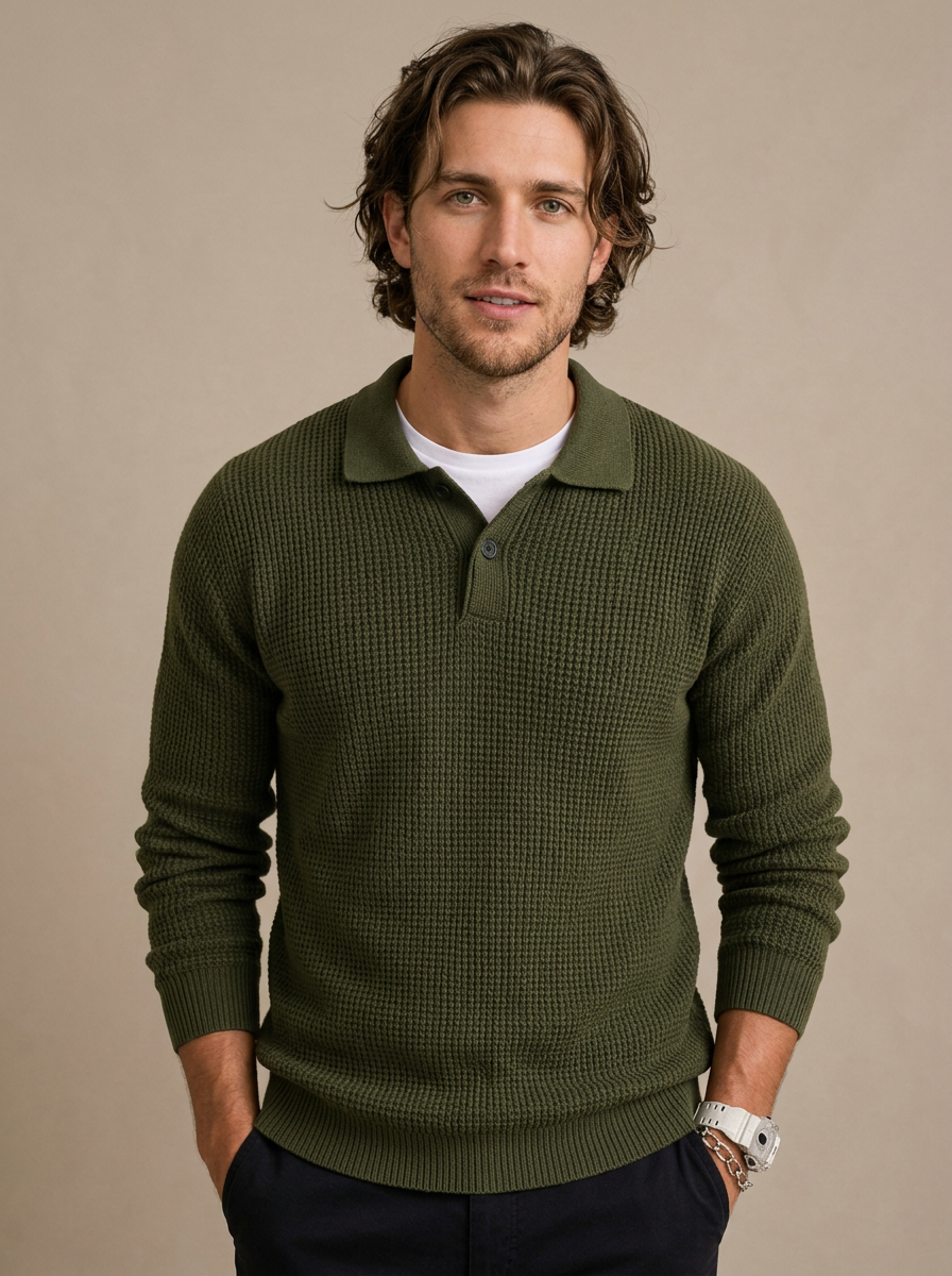 Men's Slim Fit Lapel Collar Knit Jumper in Green – three-quarter view