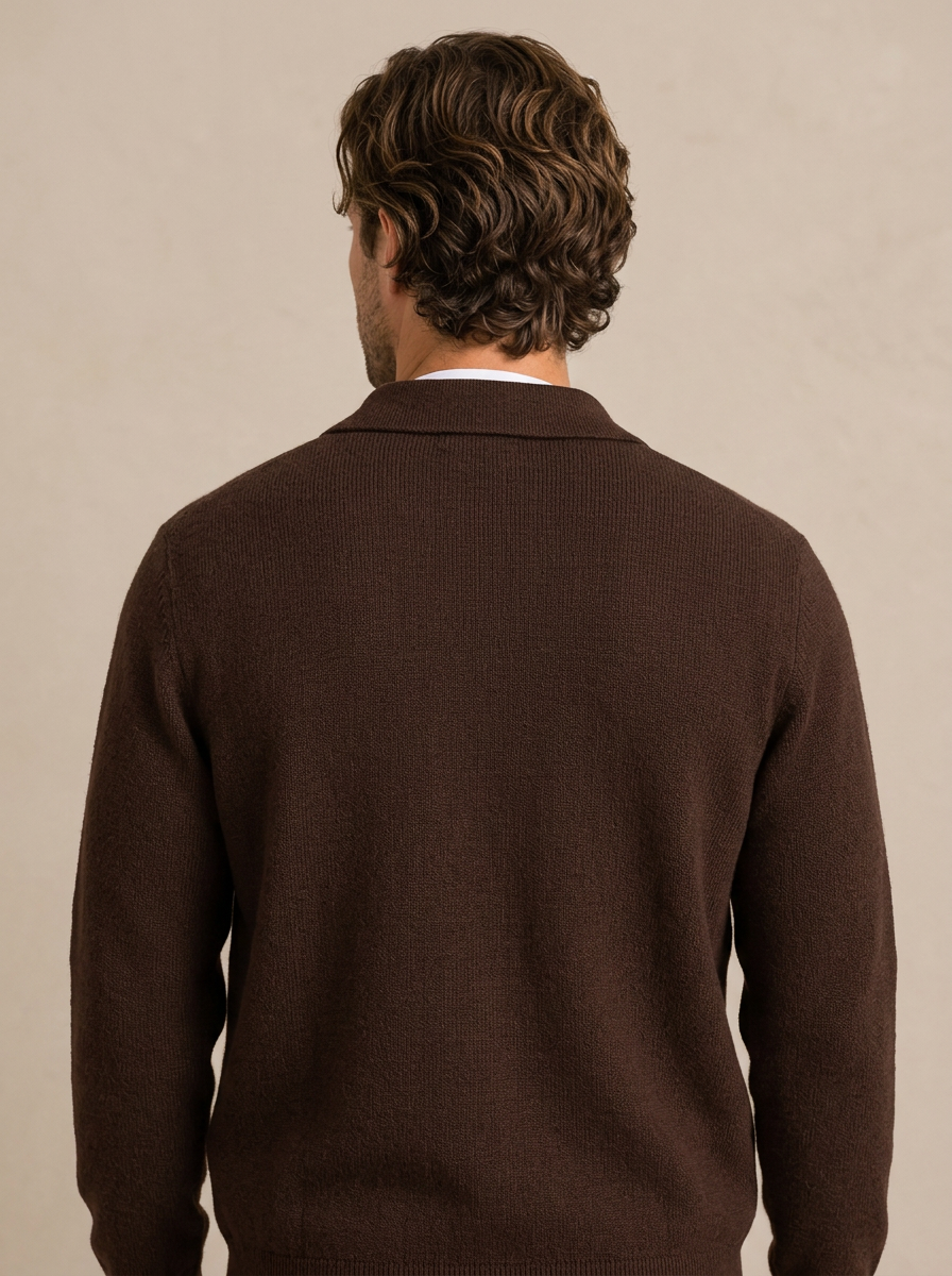Men's Collared Zip Up Knit Cardigan in Brown – three-quarter view