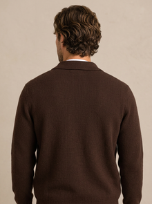 Men's Collared Zip Up Knit Cardigan in Brown – back view