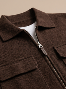 Men's Collared Zip Up Knit Cardigan in Brown – detail view