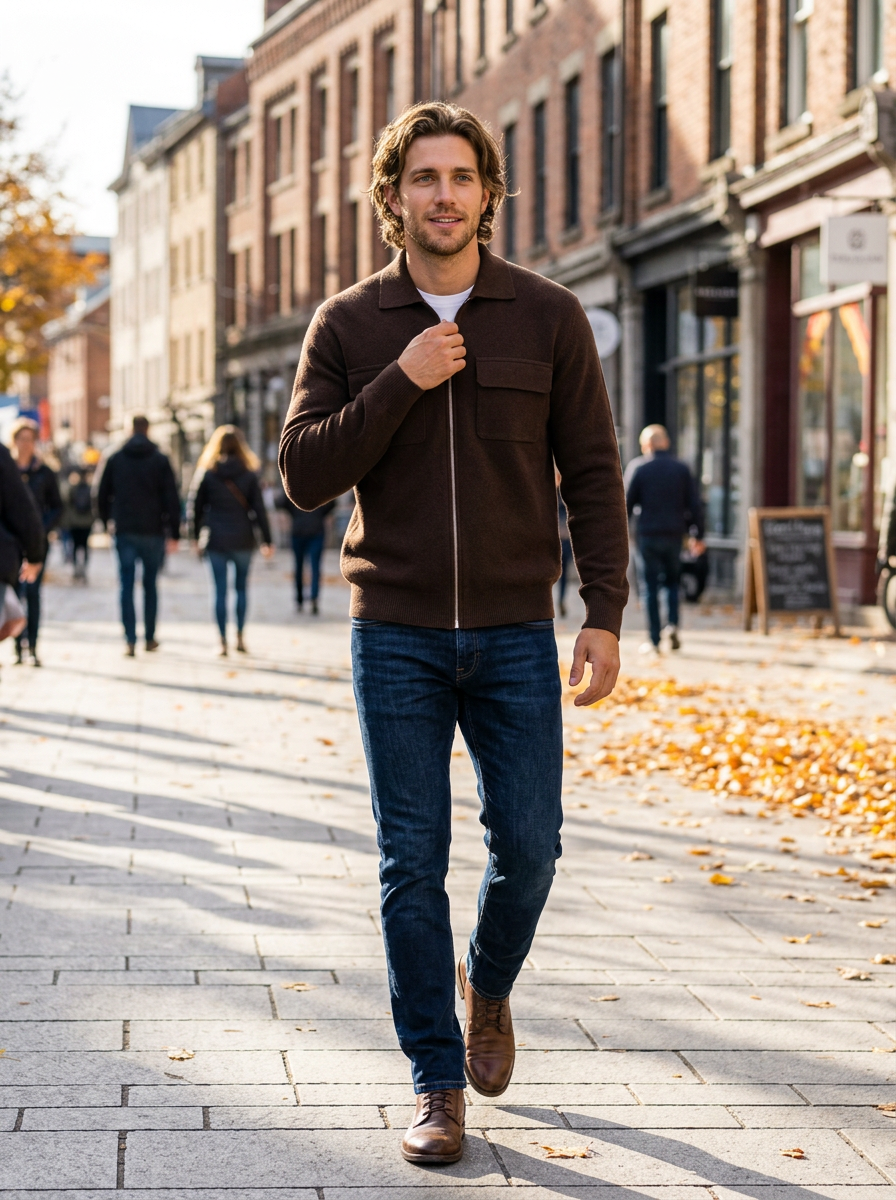 Men's Collared Zip Up Knit Cardigan in Brown – lifestyle shot