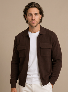 Men's Collared Zip Up Knit Cardigan in Brown – three-quarter view