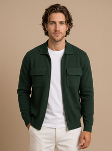 Men's Collared Zip Up Knit Cardigan in Green