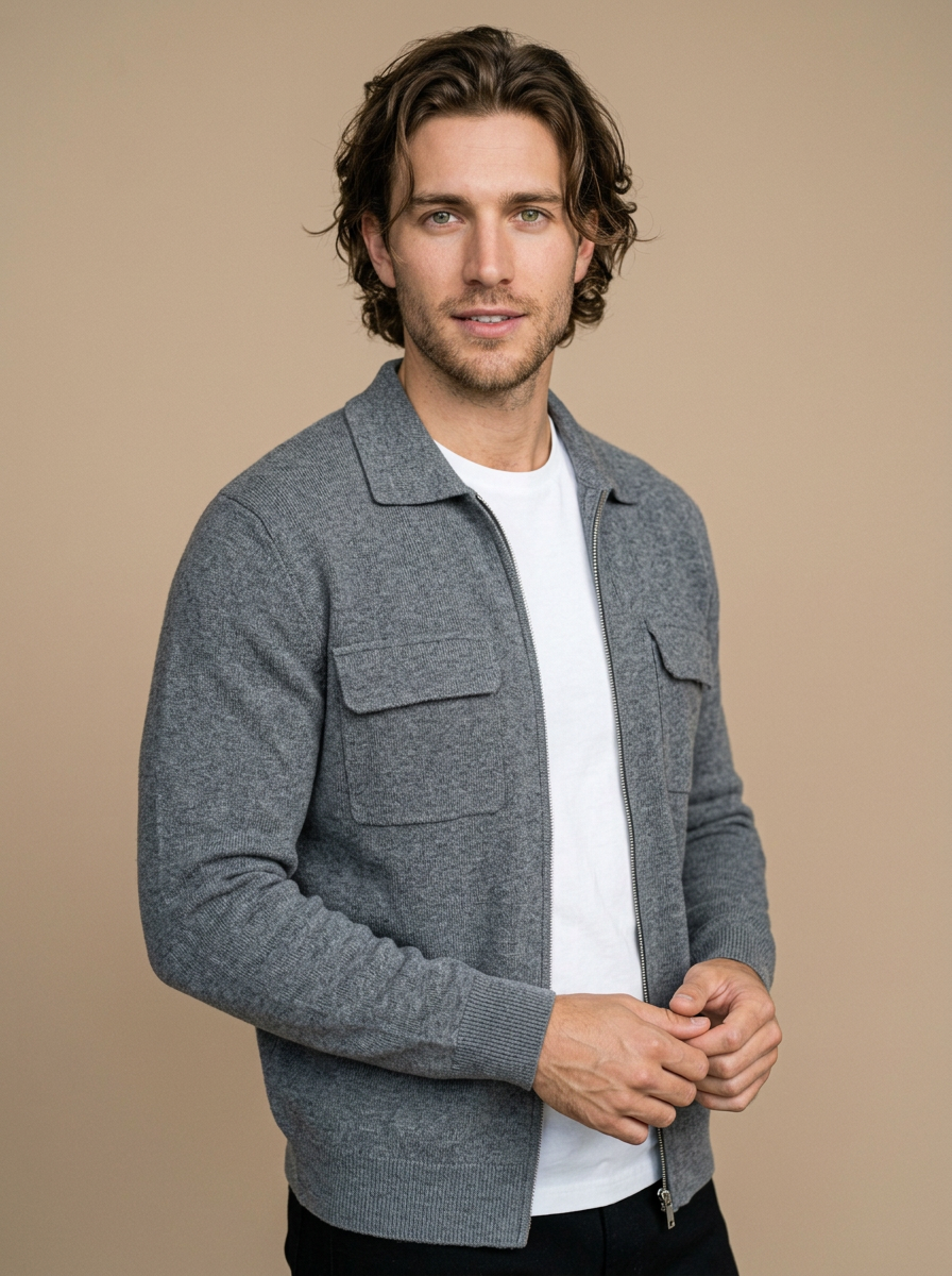 Men's Collared Zip Up Knit Cardigan in Grey