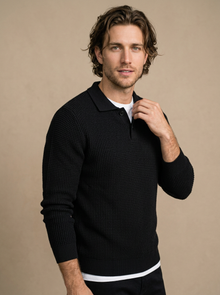 Men's Slim Fit Lapel Collar Knit Jumper in Black