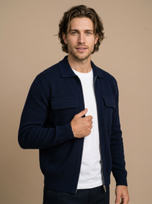 Men's Collared Zip Up Knit Cardigan in Navy