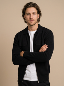 Men's Collared Zip Up Knit Cardigan in Black