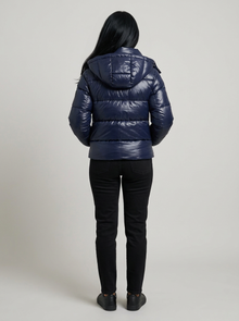 Women's Hooded Puffer Jacket in Navy – back view