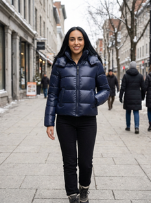 Women's Hooded Puffer Jacket in Navy – lifestyle shot