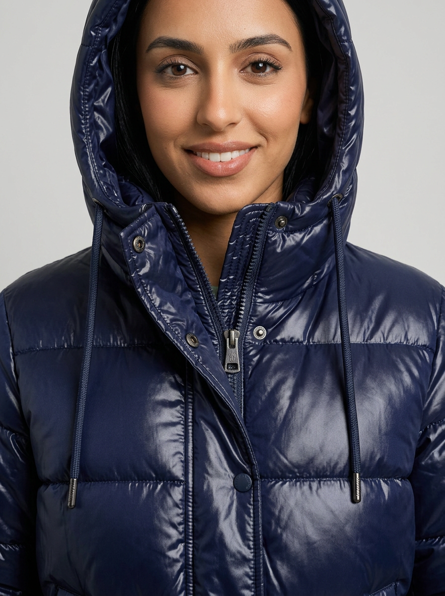 Women's Hooded Puffer Jacket in Navy – close-up