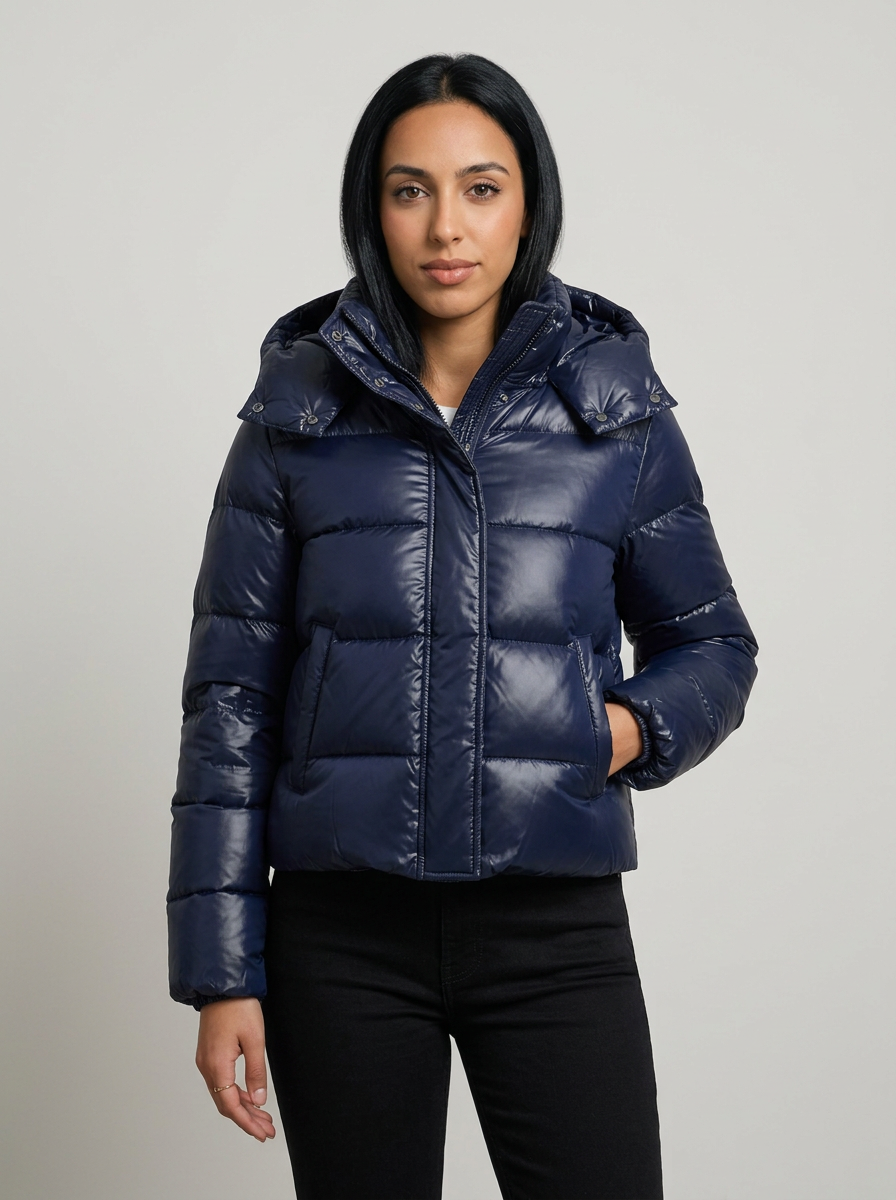 Women's Hooded Puffer Jacket in Navy – front view