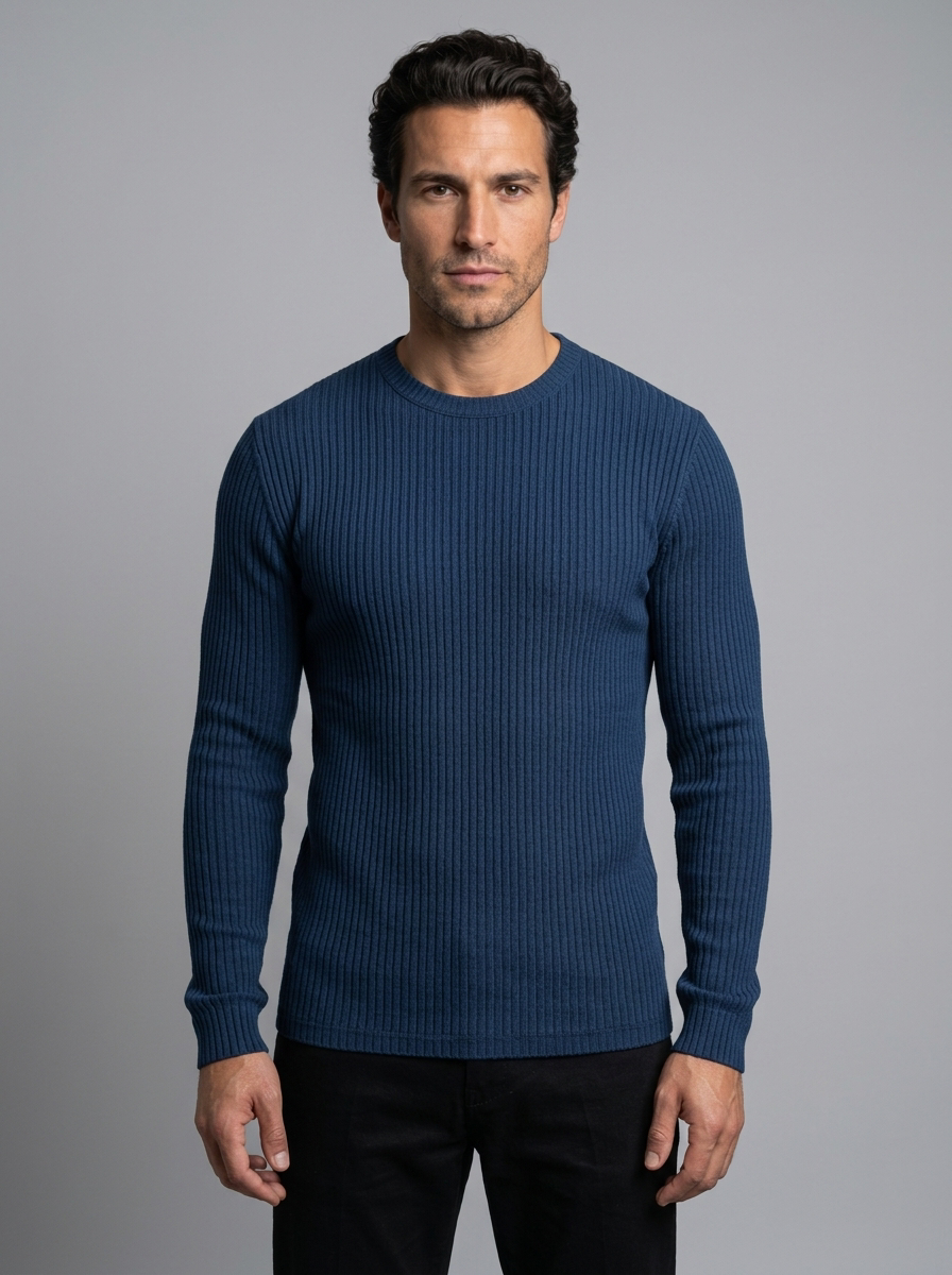 Men's Slim Fit Ribbed Crew Neck Jumper in Navy – front view