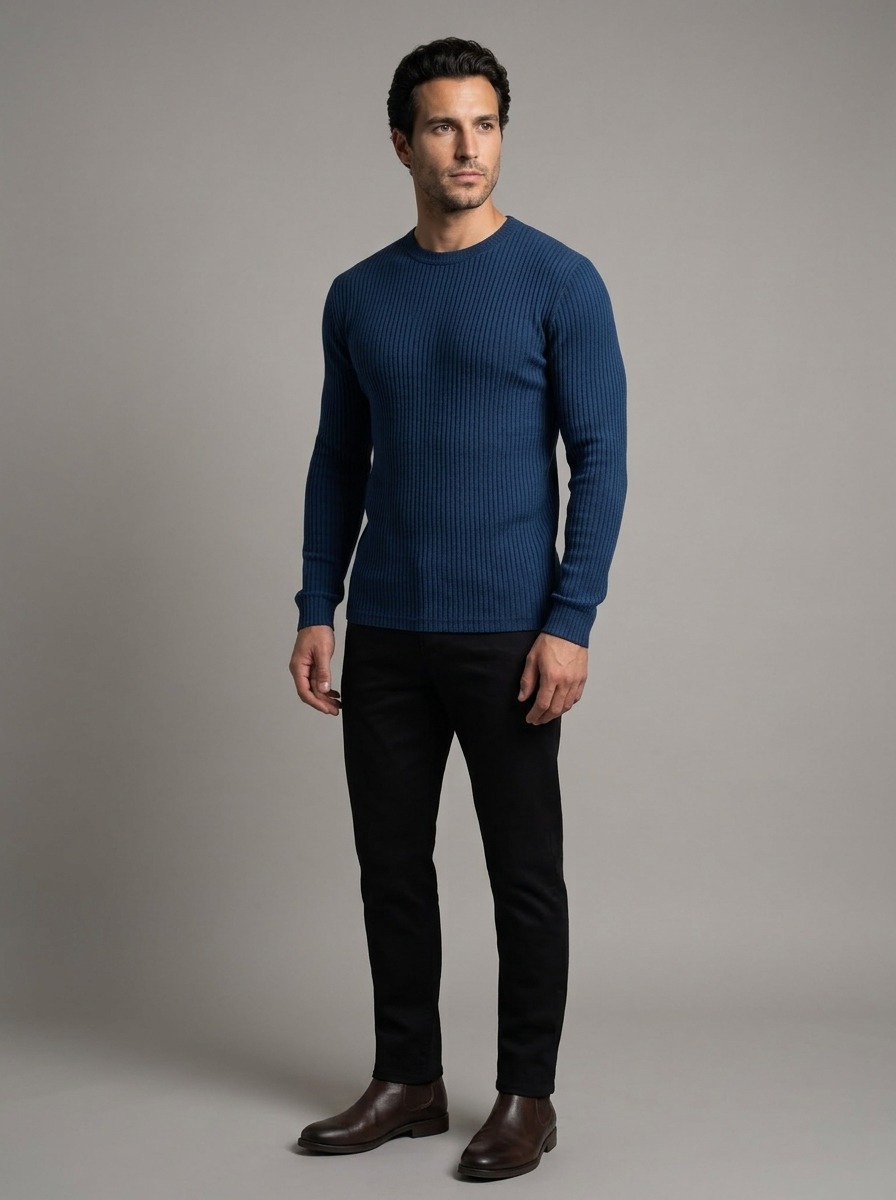 Men's Slim Fit Ribbed Crew Neck Jumper in Navy – three-quarter view