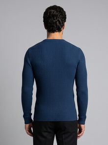 Men's Slim Fit Ribbed Crew Neck Jumper in Navy – back view