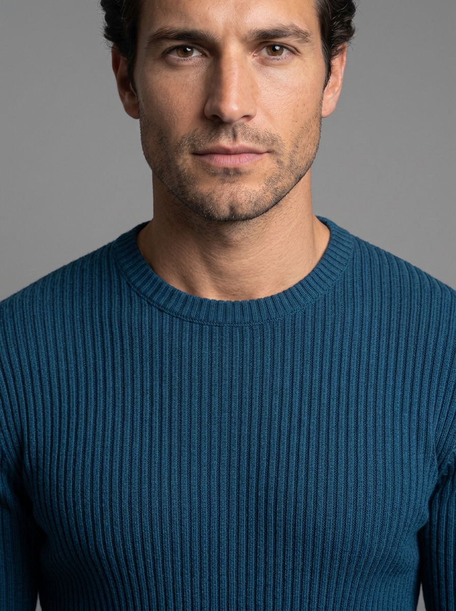 Men's Slim Fit Ribbed Crew Neck Jumper in Navy – close-up