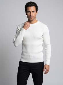 Men's Slim Fit Ribbed Crew Neck Jumper in White – front view
