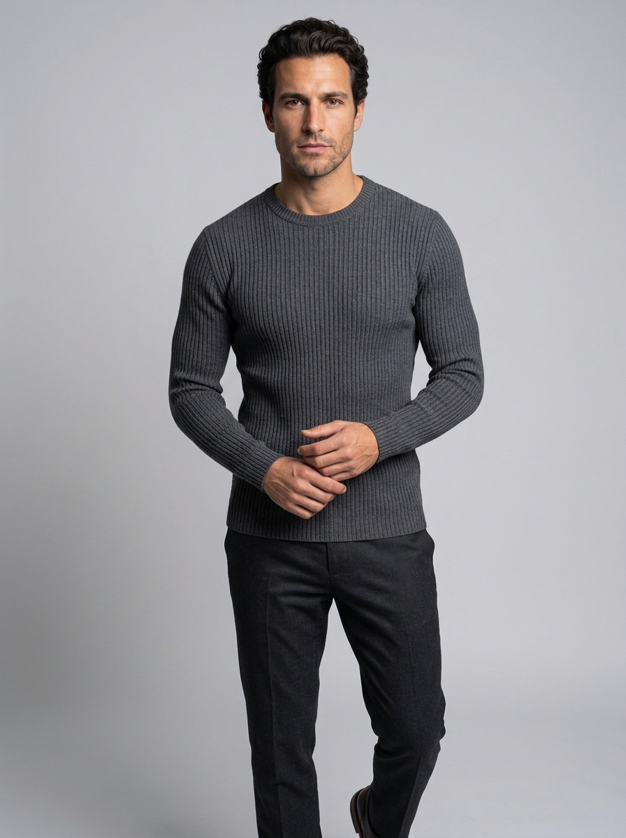 Men's Slim Fit Ribbed Crew Neck Jumper in Charcoal Grey – front view