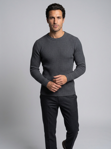 Men's Slim Fit Ribbed Crew Neck Jumper in Charcoal Grey – front view