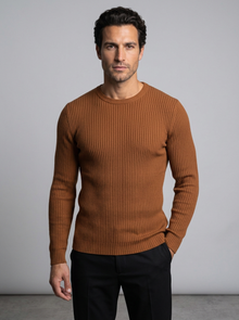 Men's Slim Fit Ribbed Crew Neck Jumper in Cognac Brown – front view