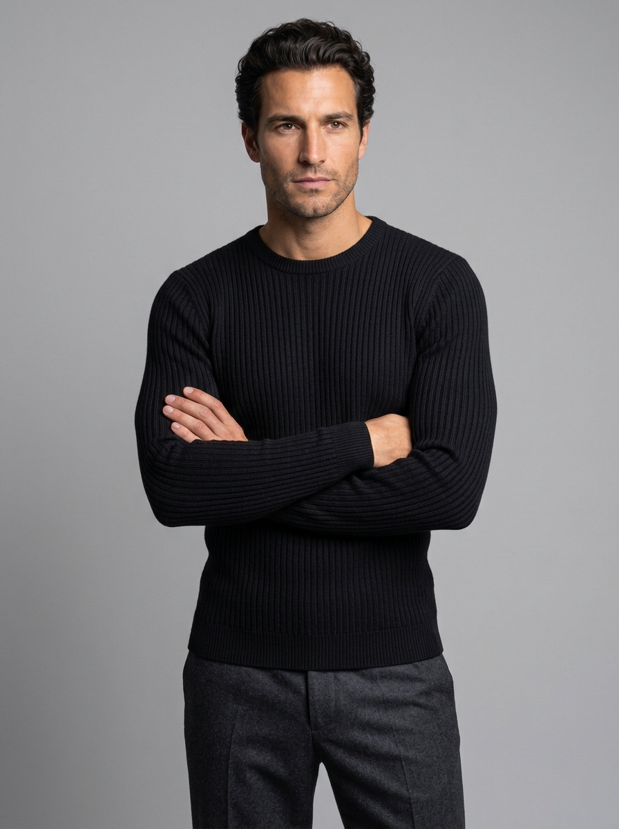 Men's Slim Fit Ribbed Crew Neck Jumper in Black – front view