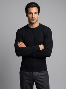 Men's Slim Fit Ribbed Crew Neck Jumper in Black – front view