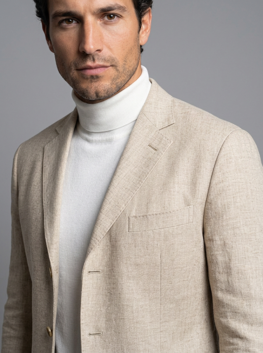 Men's Relaxed Linen Blend Blazer in Cream – close-up