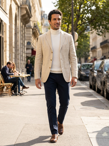 Men's Relaxed Linen Blend Blazer in Cream – lifestyle shot