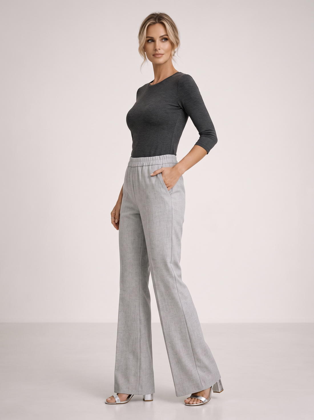 Women's Wool Blend Flare Trousers in Light Grey – front view